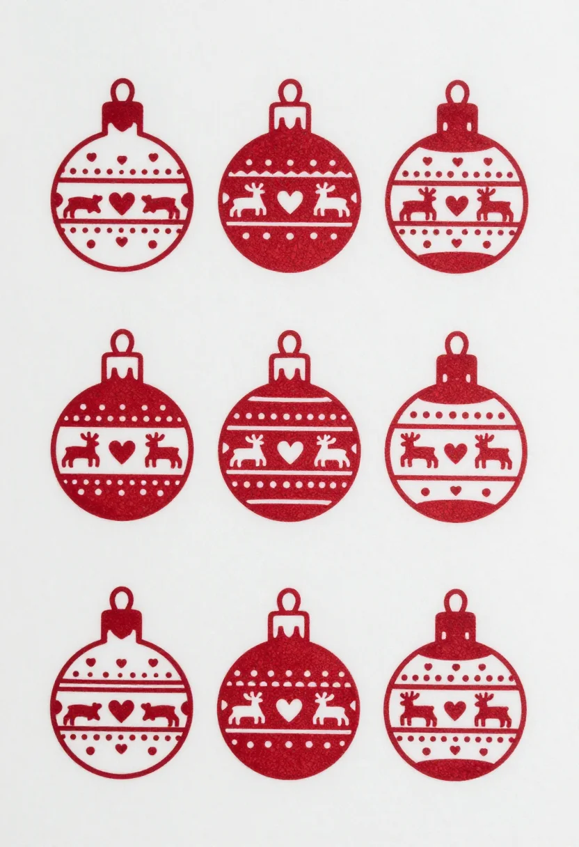 Printable Christmas ornaments — six round baubles ranged two to a row, each with a small cap, a hanging hole marked at the top and a cut line just outside the edge, Scandinavian folk design, flat two-color patterning of small hearts, dashes and reindeer bands drawn with crisp hard edges