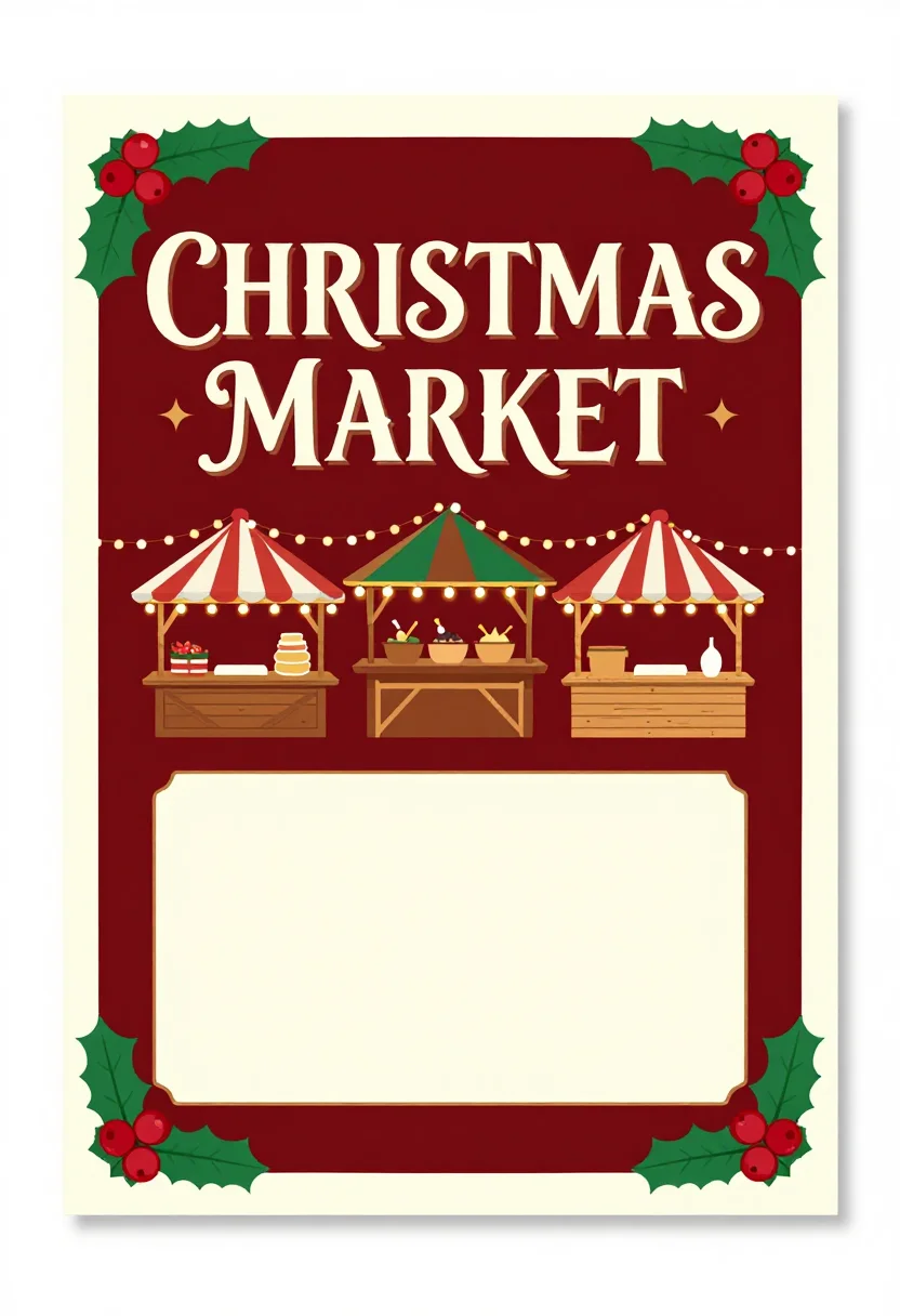 Christmas party flyers — A vertical flyer lettered "CHRISTMAS MARKET" over drawn market stalls with lights, a blank panel for date and place, classic christmas printable, holly and berry borders, warm serif lettering, print-ready