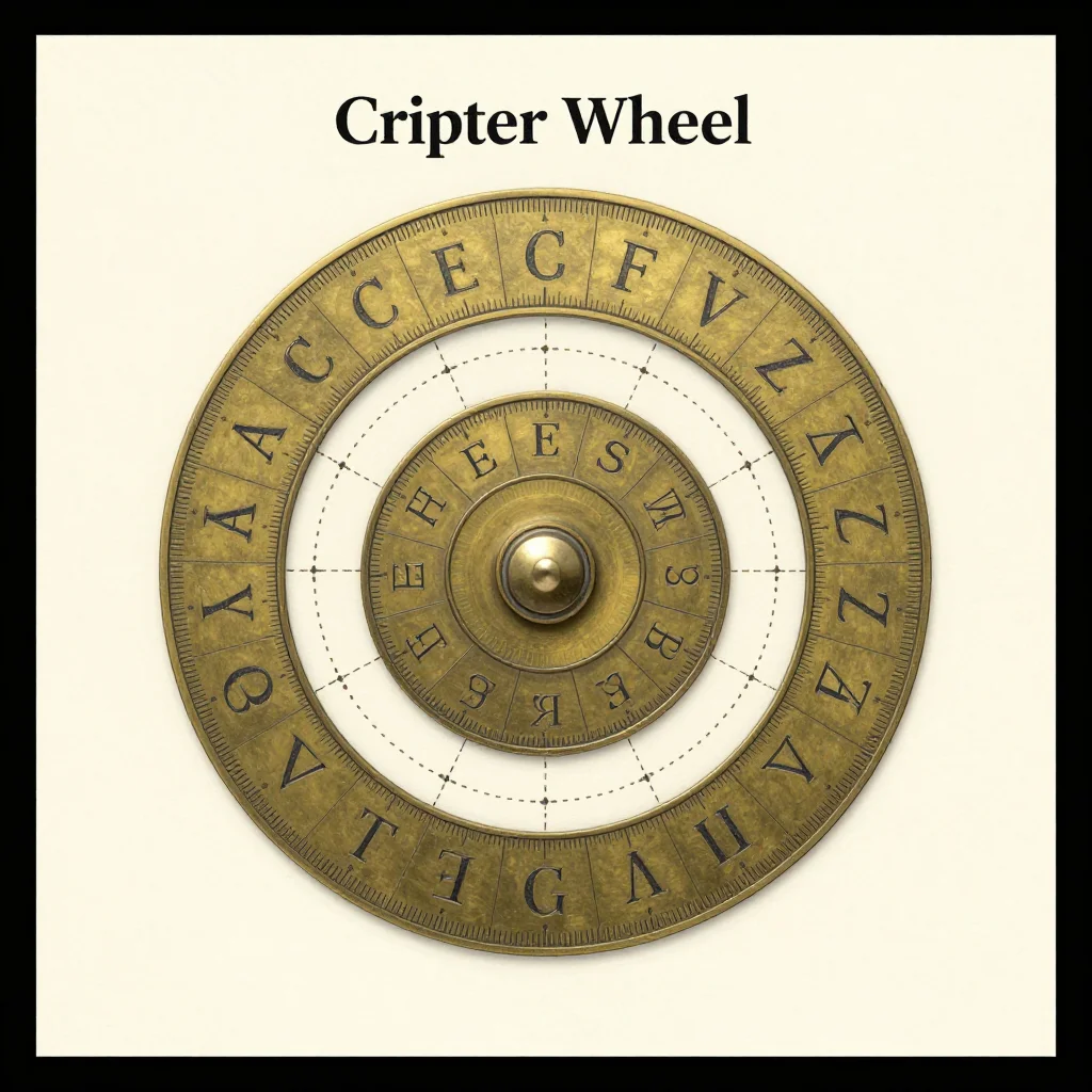 Cipher wheels — a printable sheet titled "Cipher Wheel" with two concentric cipher discs, each ring divided into 26 segments lettered A to Z, a small pin mark at the centre and dashed cut lines around both discs, antique brass instrument look, engraved ring lettering, fine tick marks, a riveted centre pin mark