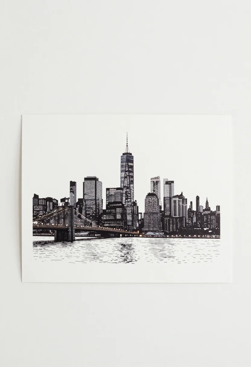 City prints — a city skyline at dusk seen across water, a cluster of towers with lit windows, a bridge crossing the foreground and the lights broken into ribbons on the river, a minimalist single-weight line print, thin ink strokes, no fills and large areas left empty