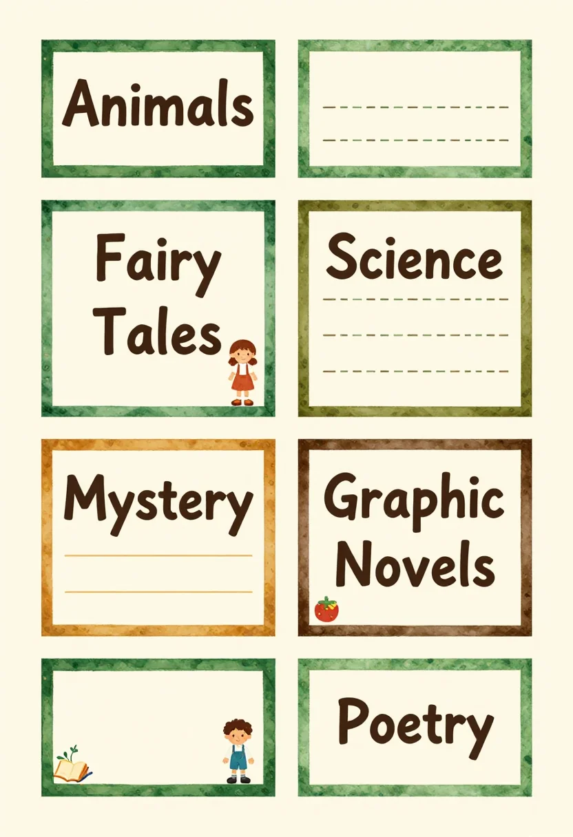 Classroom library labels — a 2 by 3 grid of rectangular labels with dashed cut lines, lettered "Animals", "Fairy Tales", "Science", "Mystery", "Graphic Novels" and "Poetry", each with one small picture, painted as storybook labels with soft watercolour borders, tiny illustrations and hand lettering