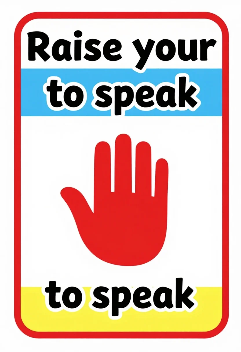 Classroom rules posters — the rule "Raise your hand to speak" in large friendly type above a single flat icon of an open hand, a bright primary-school poster layout, rounded sans-serif display type and a bold flat icon