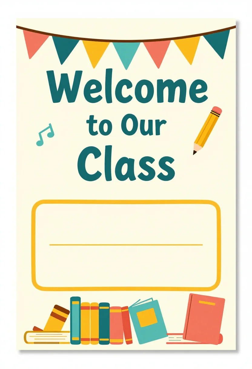 Classroom welcome signs — a vertical door sign headed "Welcome to Our Class" with a blank line beneath for the teacher's name, a pencil border and a row of books along the foot, cheerful classroom decor, triangle bunting flags, hand-lettered capitals, pencils and books