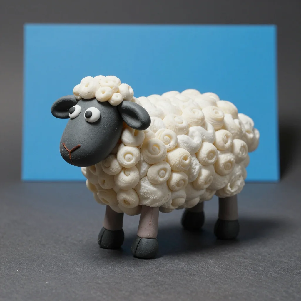 Claymation — A plasticine sheep from a stop-motion set, its fleece pressed into curls with a modelling tool, the legs bulging slightly where the wire armature runs through them, thumbprints left on the flank and a seam where two colours were blended., matte plasticine, a low waxy sheen only where a tool has smoothed it, a fine granular grain with dust and lint caught in it, edges soft and thumbed, broad soft light from high camera-left, light and open with gentle shadows