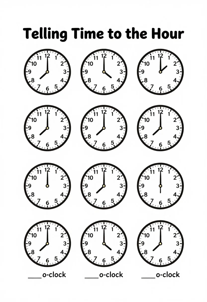 Clock worksheets — a worksheet headed "Telling Time to the Hour" with nine round clock faces showing times on the hour, an empty line "__ o'clock" under each, a clean school photocopy sheet, crisp black lines, a simple bold sans-serif heading, tidy even rows and nothing decorative