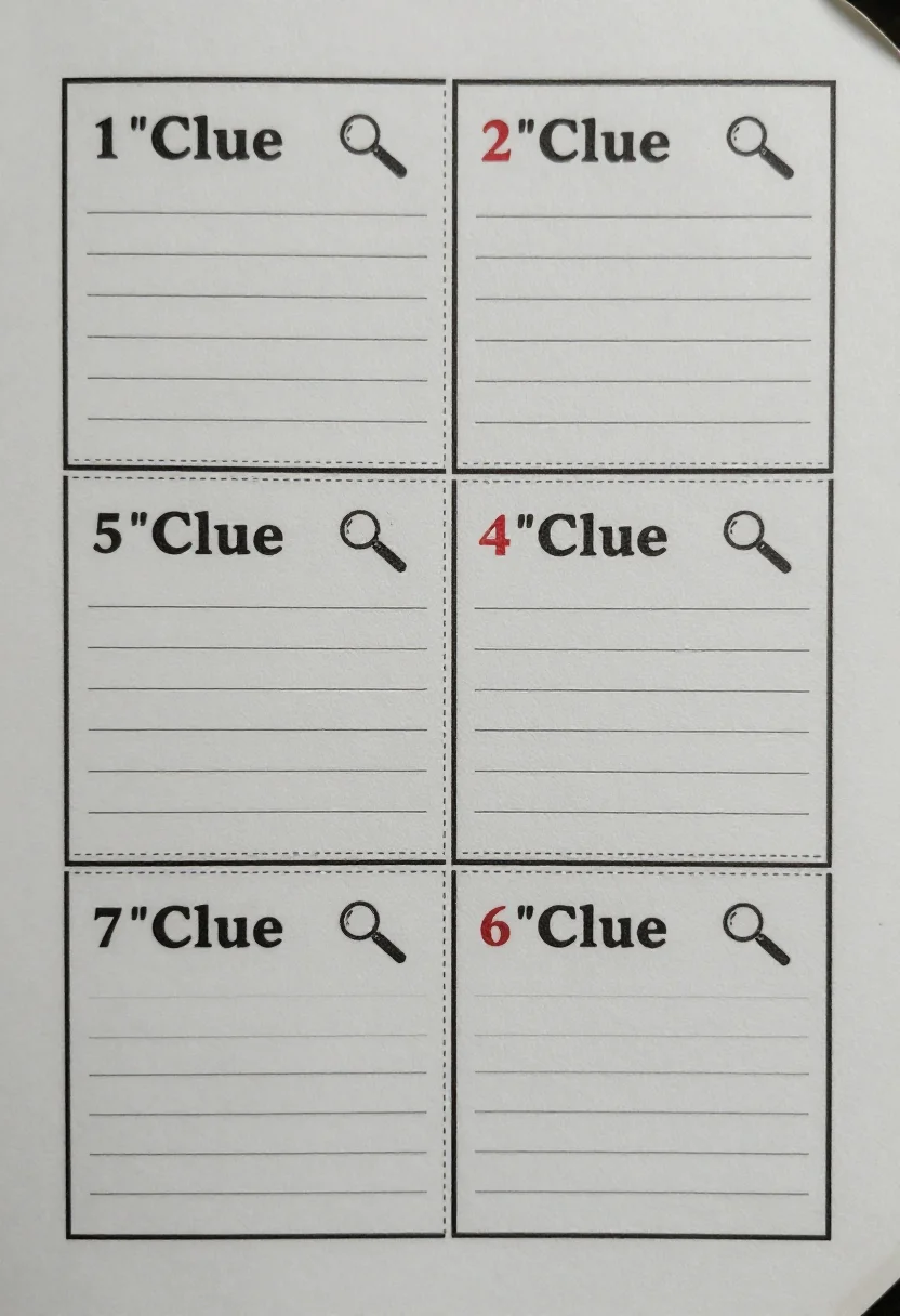 Clue cards — a printable sheet of six clue cards in a 2 by 3 grid with dashed cut lines, each headed "Clue" with its number 1 to 6 and a magnifying glass icon, ruled lines below, film noir case file look, typewriter lettering, stamped headings, ink smudges kept faint, a paper-clipped corner