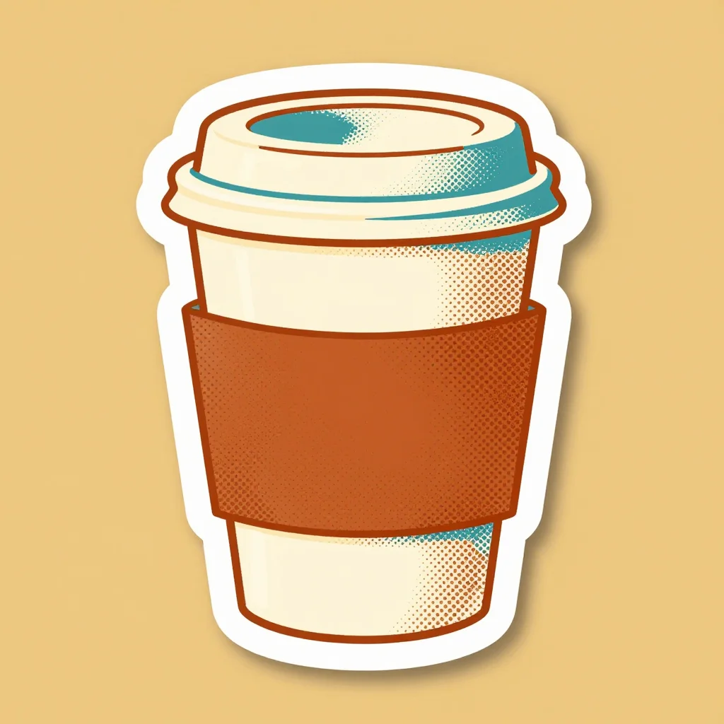 Coffee stickers — a takeaway coffee cup with a lid and a sleeve, retro sticker illustration, 1970s shapes, halftone grain, slight misregistration