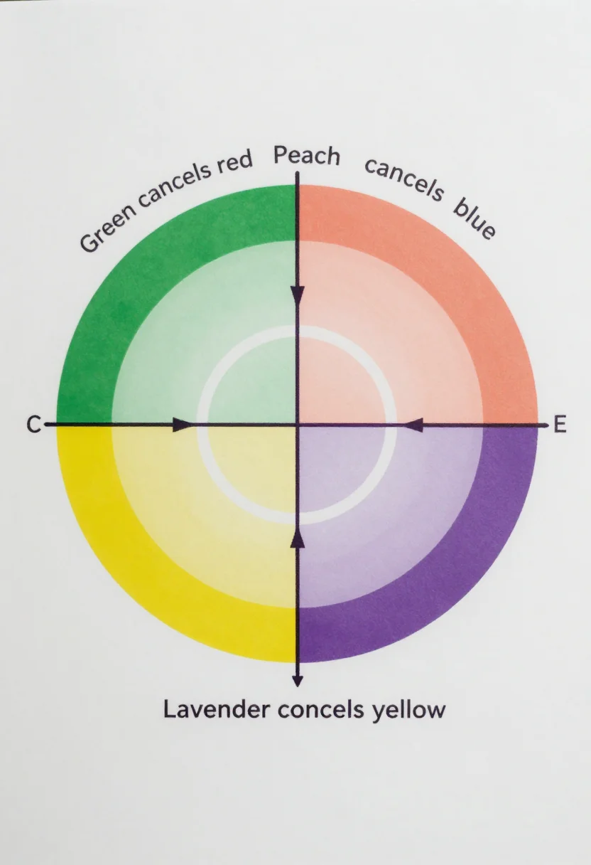 Color correcting charts — a colour wheel with opposite pairs joined by arrows, labelled "Green cancels red", "Peach cancels blue", "Yellow cancels purple" and "Lavender cancels yellow", flat vector swatches with crisp edges and no gradients, thin dark outlines on the arrows and rules