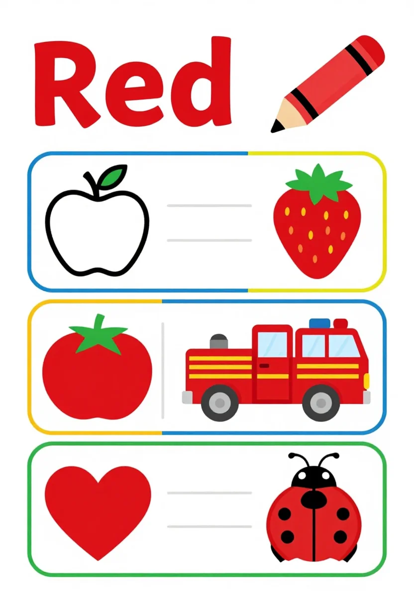 Colour worksheets — a colour worksheet headed "Red" with the word printed large in red at the top, a red crayon, and six outlined things that are red to colour, an apple, a strawberry, a fire engine, a tomato, a heart and a ladybird, bright flat classroom design, bold primary colours, rounded boxes, clean vector illustrations