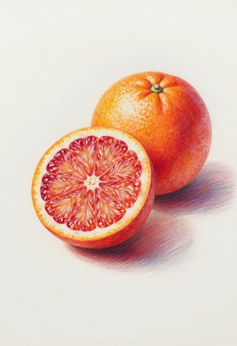 Coloured pencil — A single sliced blood orange beside a whole one on a white cloth, the flesh built in layered burnished reds and a waxy peel with pitted texture, a soft cast shadow, the paper's grain visible in the lighter areas., layered coloured pencil, burnished smooth, hyper-real, hot-press paper