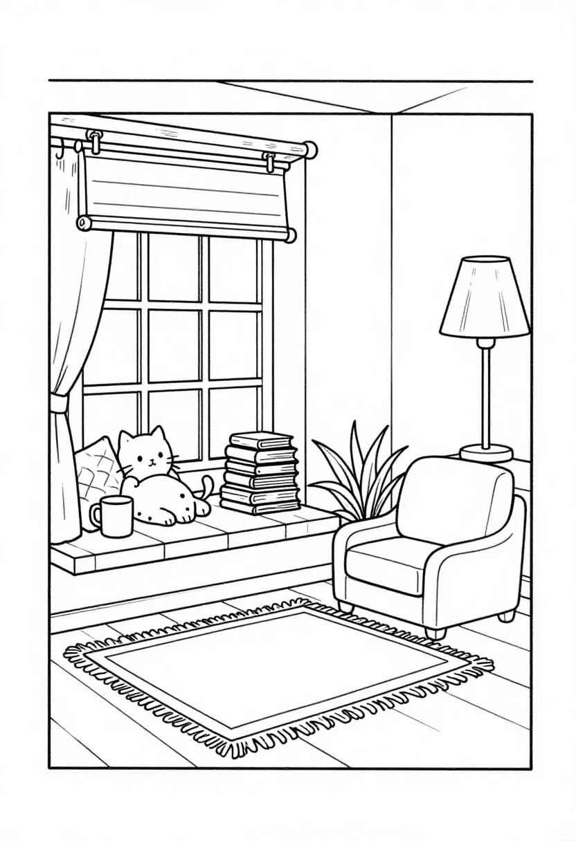 Coloring books — A coloring-book cover and a facing inside page: the cover a line drawing of a window seat with cushions, a cat, a mug and a stack of books under a blank title band, the inside page a reading nook with a lamp, plants and a rug in clean outlines., fine even black linework on white, intricate detail, no shading, no fill