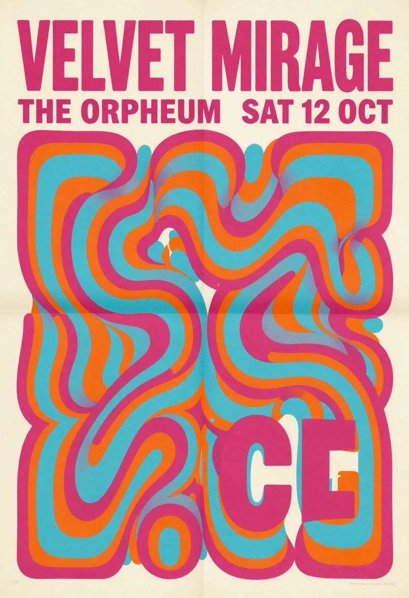 Concert posters — the invented band name "VELVET MIRAGE" filling the top third, with the venue "THE ORPHEUM" and the date "SAT 12 OCT" set smaller beneath it, a 1968 dance-hall poster, the lettering melted and stretched to fill every gap and the whole surface set vibrating with interlocking curved forms