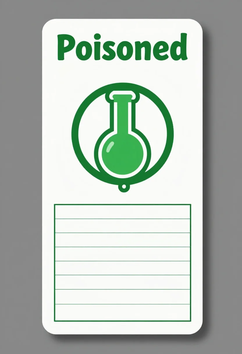 Condition cards — a tall card titled "Poisoned" with a green dripping vial icon in the centre and an empty ruled box below for the rule text, a flat design with one bold plain icon in a circle and a heavy sans-serif title