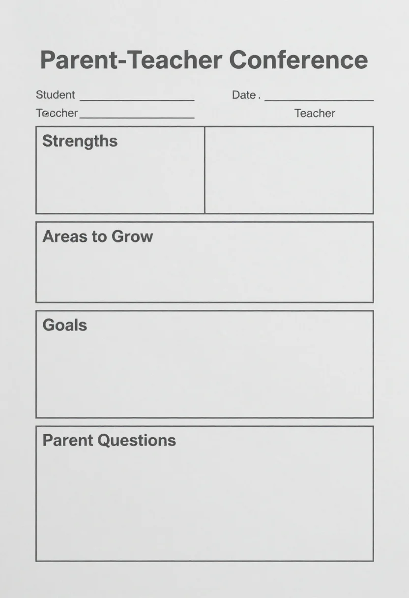Conference forms — a form titled "Parent-Teacher Conference" with lines for "Student", "Date" and "Teacher" at the top, then four boxed ruled sections "Strengths", "Areas to Grow", "Goals" and "Parent Questions", drawn as a plain modern form with thin grey rules, a light sans-serif heading and generous white space