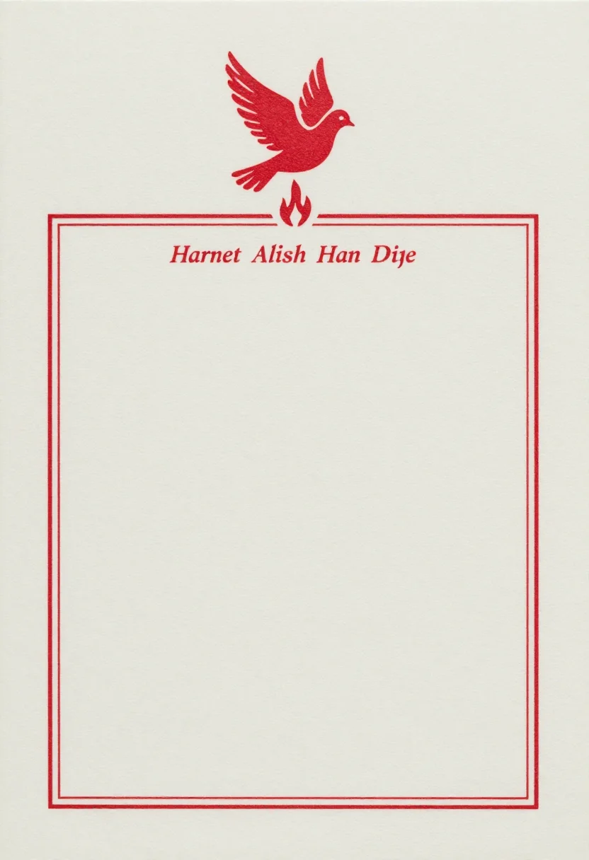 Confirmation cards — A confirmation invitation, a descending dove drawn above a small tongue of flame at the head of the card, a hairline rule across the shoulders, and a large clear empty panel left through the middle for the candidate's name, parish and date., letterpress card design, deep impression in heavy stock, one ink, a single classical rule