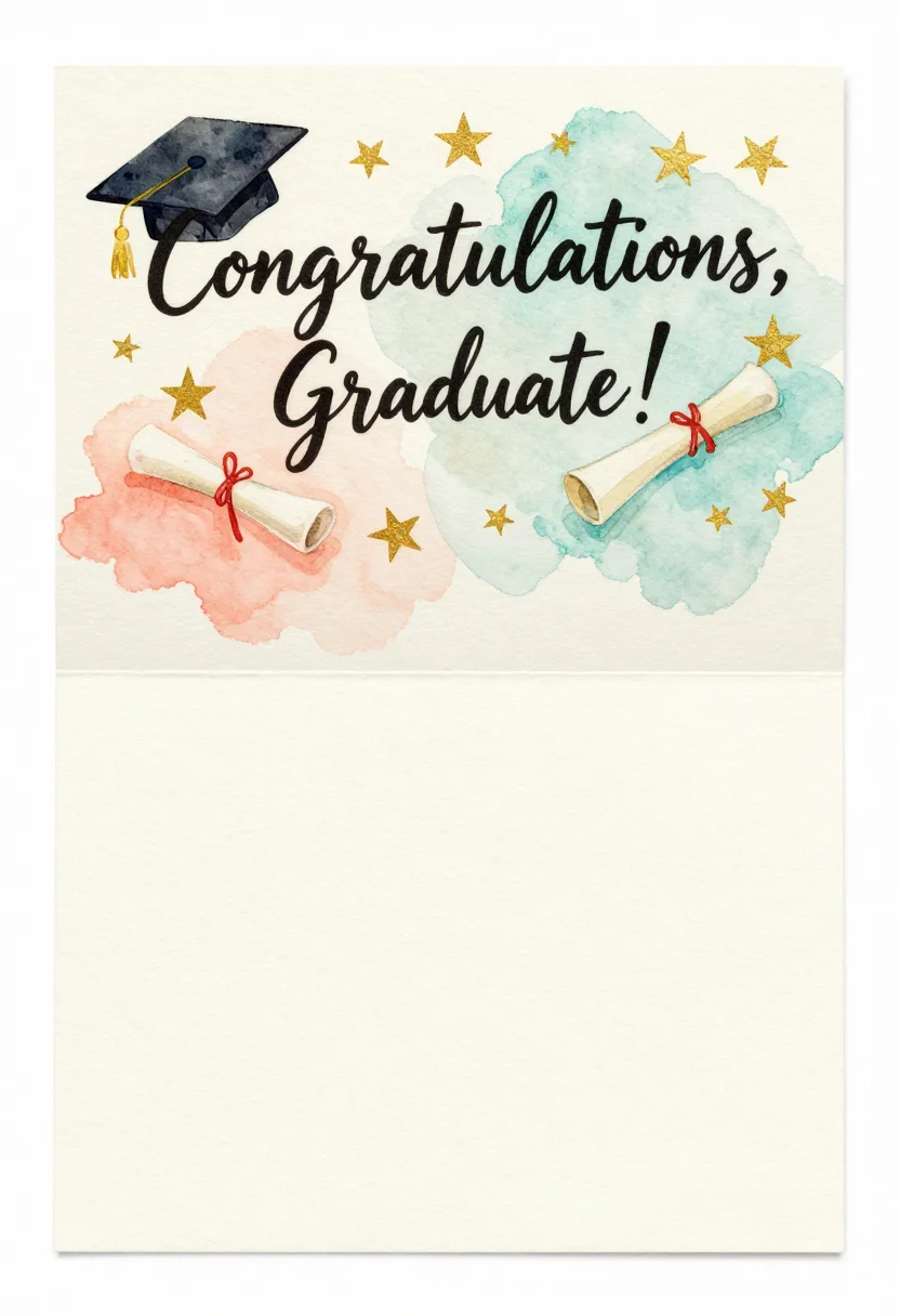 Congratulations cards — a vertical card front reading "Congratulations, Graduate!" with a mortarboard tossed up among stars and a rolled diploma, and open space for a message, hand-painted soft watercolor with loose washes, visible paper grain and small hand-lettered type