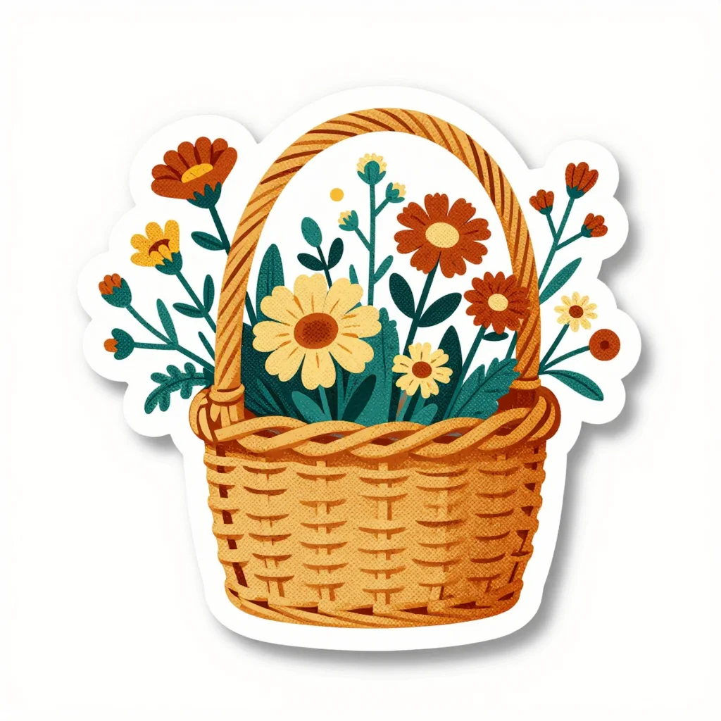 Cottagecore stickers — a wicker basket of wildflowers, retro sticker illustration, 1970s shapes, halftone grain, slight misregistration