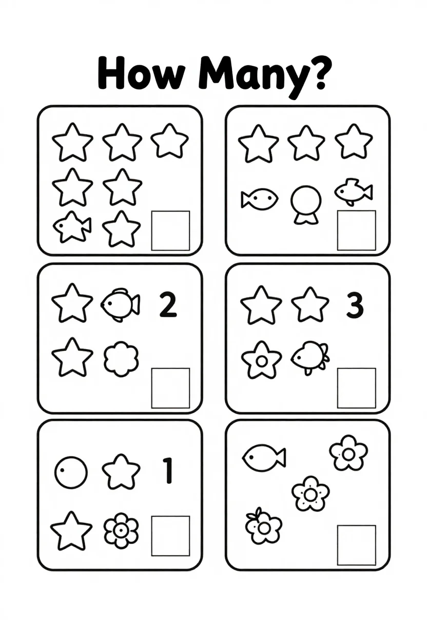 Counting worksheets — a counting worksheet headed "How Many?" with six boxes in two columns, each holding a group of one to ten simple objects such as stars, fish or flowers, and a small empty box under each for the number, a plain black line worksheet, thick clean rounded lines and simple outline pictures, nothing decorative