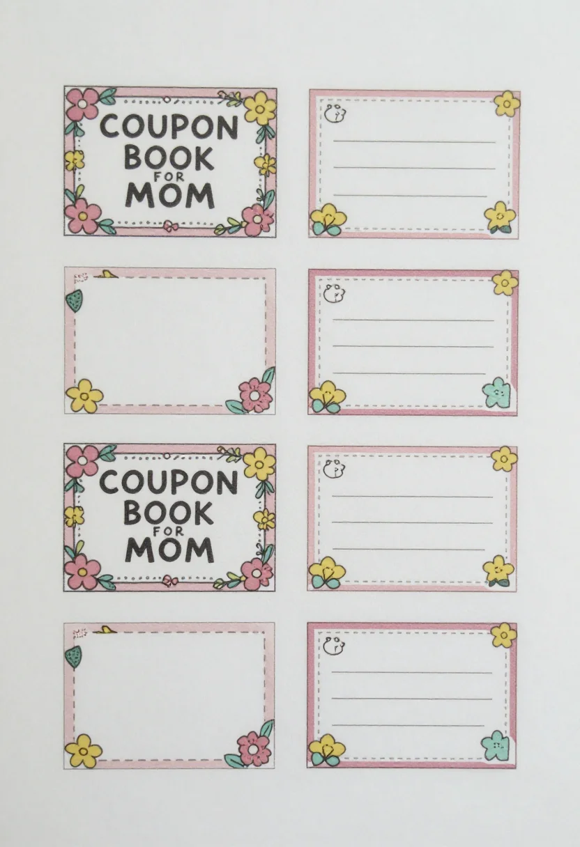 Coupon books — a page of six coupons with flower borders, one cover coupon reading "COUPON BOOK FOR MOM" and five blank coupons with a line for the promise, friendly hand-drawn coupons with wobbly outlines and small doodle icons