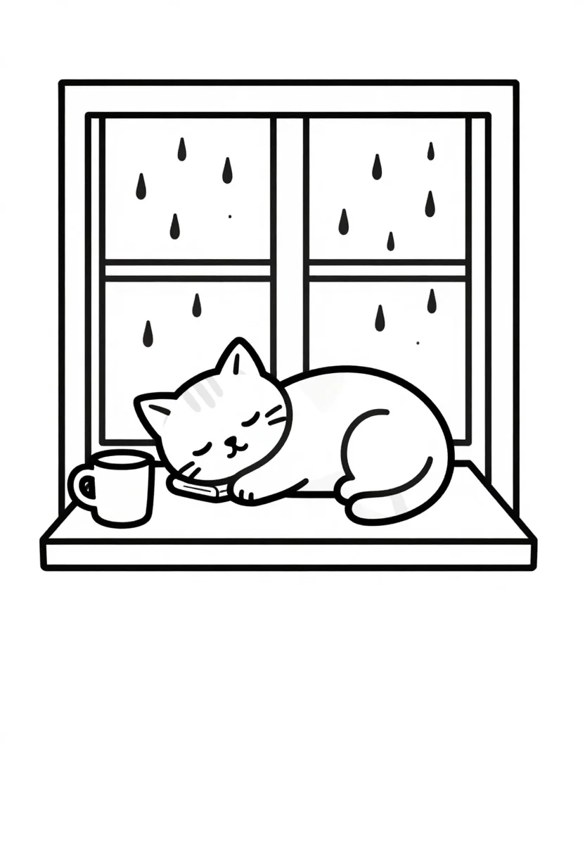 Cozy coloring pages — a cat asleep on a window seat cushion, rain on the panes, a mug and a folded book beside it, gentle beginner cozy line art, rounded outlines of even medium weight, few objects, large calm areas left open