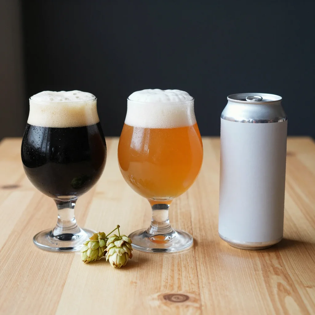 Craft beer photography — A hazy IPA in a stemmed glass, the beer opaque orange with a two-finger white head settling into lace, condensation beaded over the bowl, a hop cone on the table and a can with a plain unprinted body beside it., broad soft even daylight from directly above, light and open with a short shadow under each glass, on a raw pine table