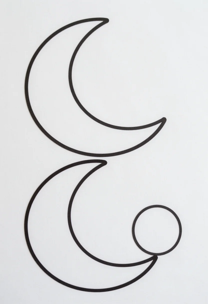 Crescent moon templates — three crescent moon outlines of large, medium and small size stacked on the page, each with a thick cut line, drawn as thick black outlines with the insides left empty for tracing onto card