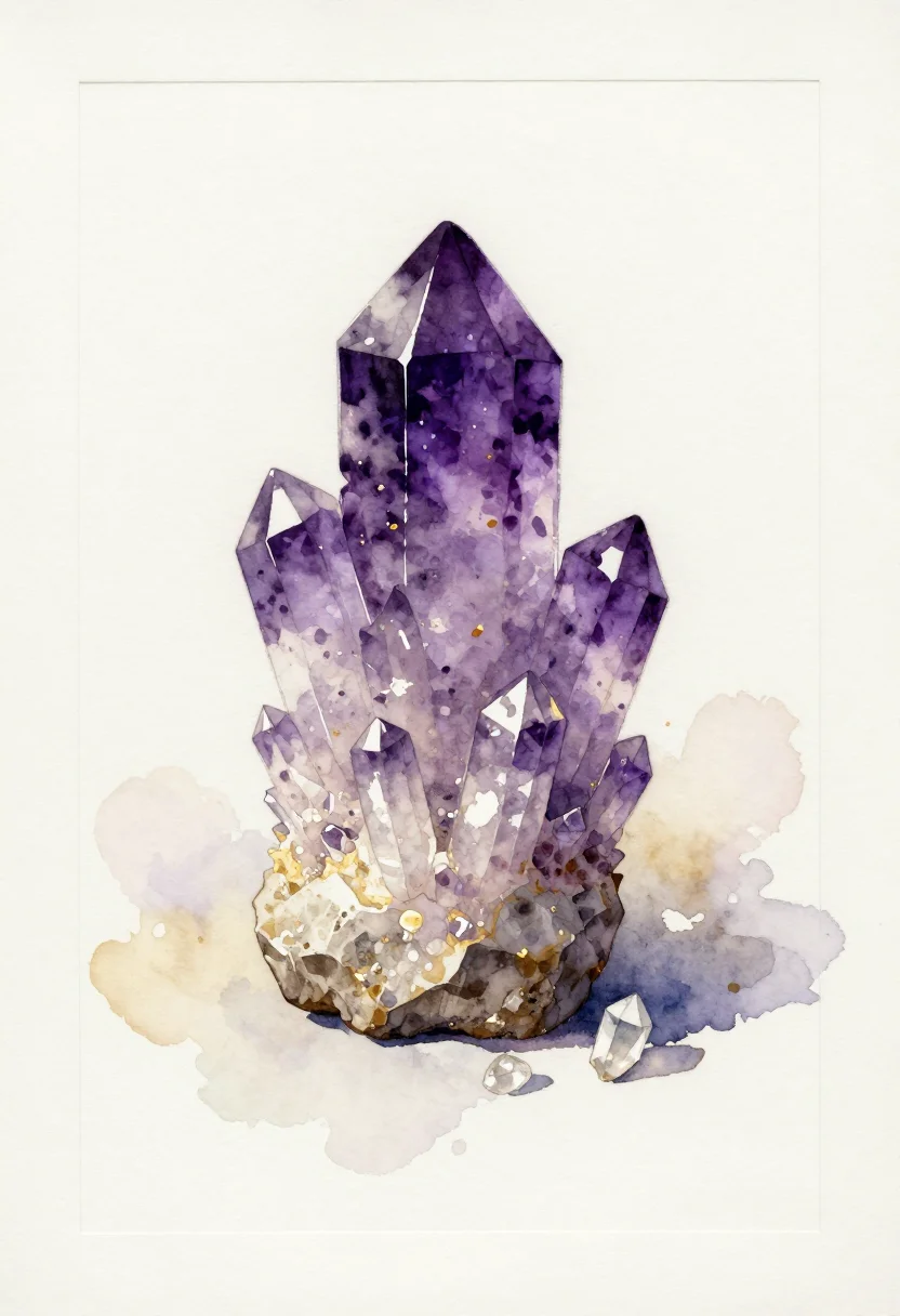 Crystals — an amethyst geode cluster, dozens of violet points catching the light off a rough grey rock base, two small clear quartz points set beside it, a loose watercolor painting, translucent washes layered wet on dry, the pigment pooling darker along each facet edge and the paper left bare in the highlights