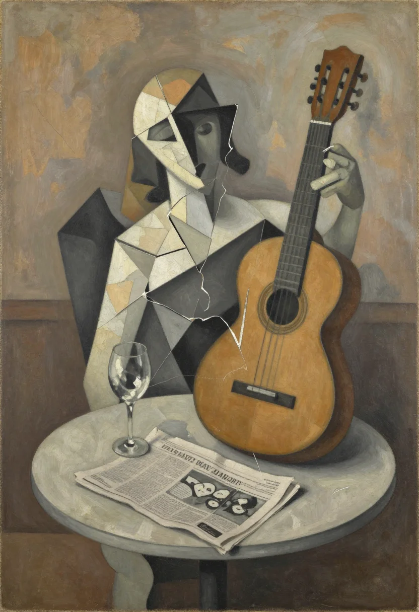 Cubism — a guitar, a wine glass and a folded newspaper on a round café table, shattered into overlapping planes seen from above and from the side at once, analytic cubism, the subject broken into dense small facets in a shallow shifting space, edges half-erased and passing into one another