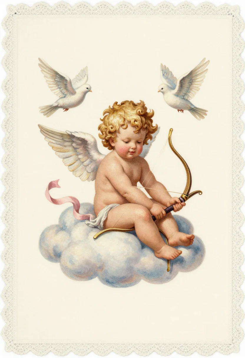 Cupids — A chubby winged cherub seated on a cloud with a small bow across both knees and a quiver on its back, curls falling over the brow, a ribbon drifting past and two doves circling behind., a vintage valentine illustration, warm painted shapes, soft grain and a delicate lace edge closing the composition