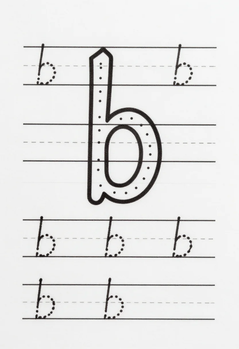 Cursive tracing — a cursive tracing page for the letter "b", the joined capital and small letter with numbered stroke arrows, then three rows of dotted cursive b on dashed-midline handwriting lines, crisp black printer-ink worksheet, evenly spaced round dotted joined cursive strokes on dashed-midline lines, bold clean outlined drawings, uniform line weight, no gray tones