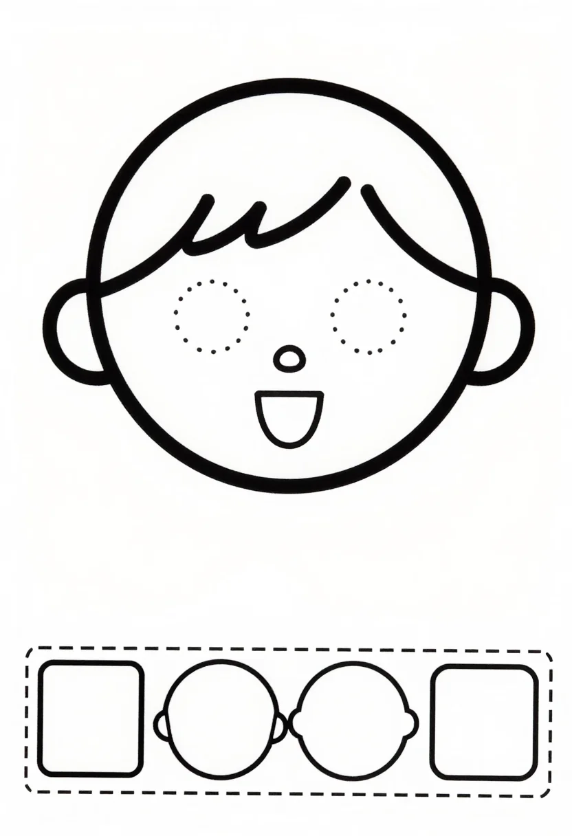 Cut-and-paste activities — a round cartoon face with hair and ears drawn but the eyes, nose and mouth left out, Preschool linework: very thick bold black outlines, big simple shapes with rounded corners, four large pieces in the strip.