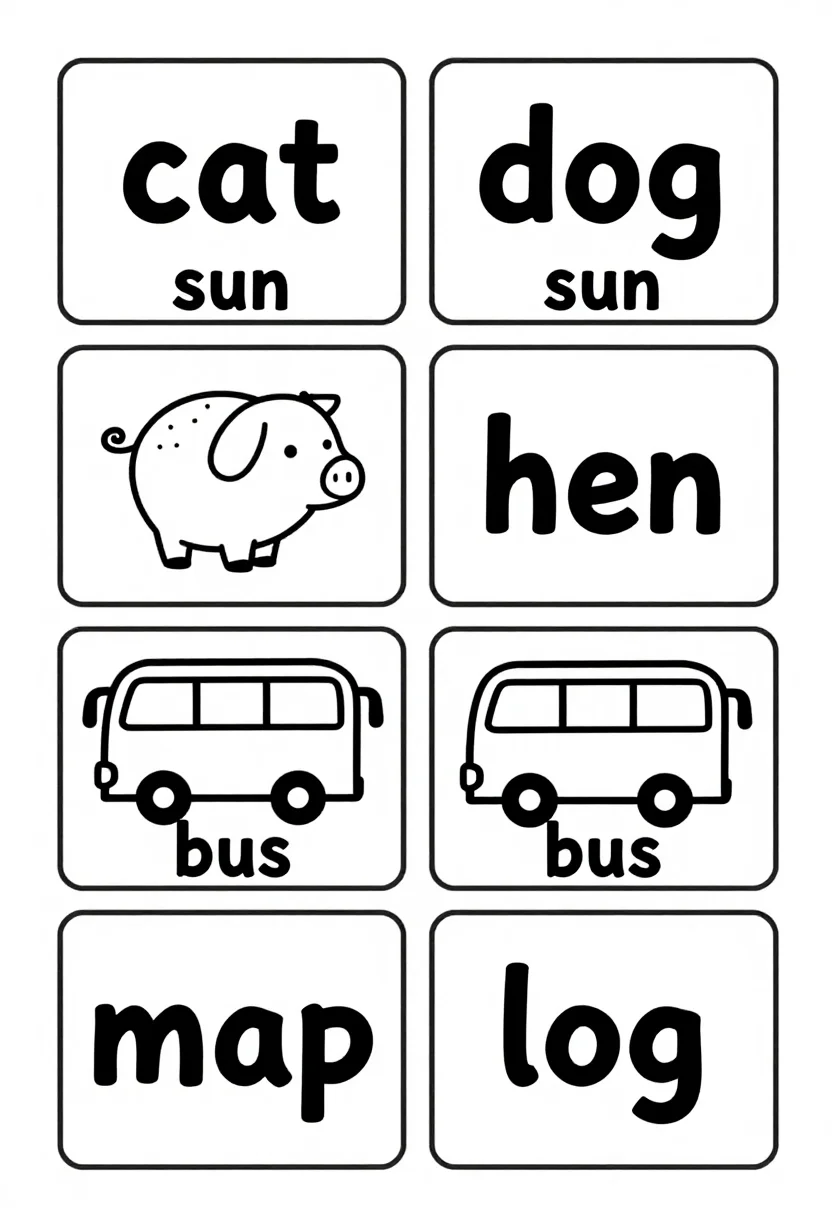 CVC word cards — a sheet of eight cards in a 2 by 4 grid with dashed cut lines, each card a simple picture above its word in large lowercase letters, "cat", "dog", "sun", "pig", "hen", "bus", "map" and "log", a plain black line worksheet, thick clean rounded lines and simple outline pictures, nothing decorative