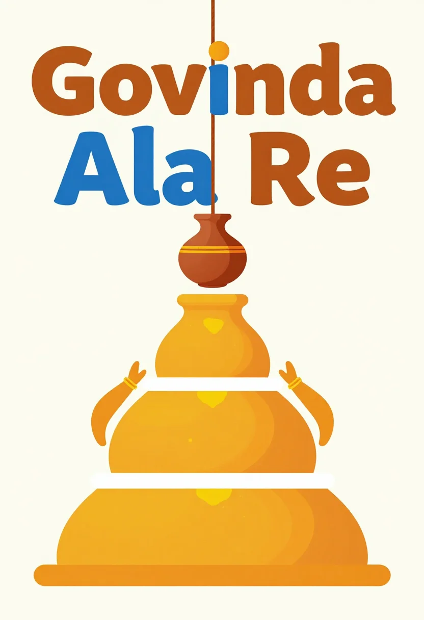 Dahi Handi posters — a Govinda pyramid of three tiers reaching for an earthen handi hung on a rope, "Govinda Ala Re" lettered in bold across the top, clean flat vector poster illustration, bold simple shapes, smooth gradient-free fills, bold rounded sans-serif lettering