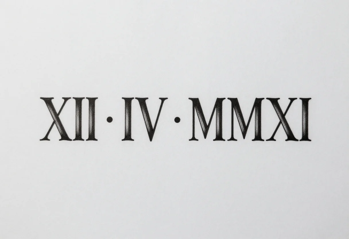 Date tattoos — the date written in Roman numerals as "XII · IV · MMXXI" in one straight line, small dots between the parts, an engraved serif face, sharp bracketed serifs, high contrast between thick stems and hairlines