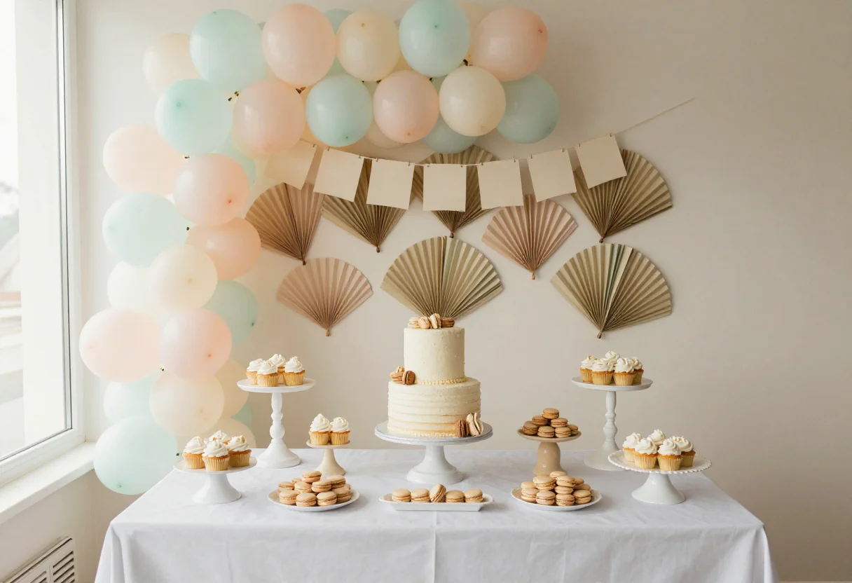 Dessert tables — a party dessert table with a tiered cake at its centre, cupcakes raised on stands, a plate of macarons, a balloon garland arching overhead and a wall of paper fans behind, a blank paper banner strung across the top, photographed soft and pale, the colour kept powdery, daylight coming in from a window at camera-left with the tonal balance held light and airy and the shadows barely there