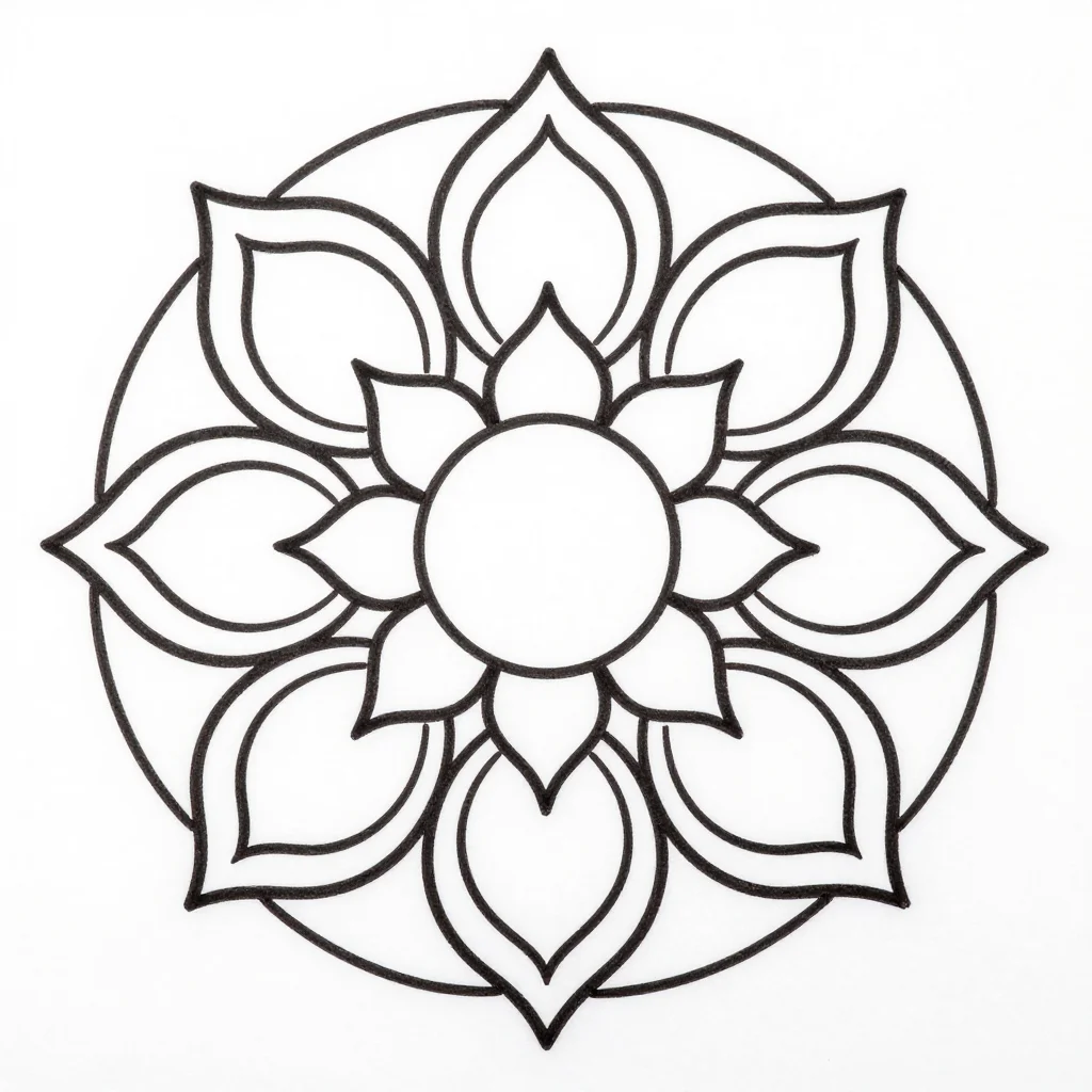 Dev Deepawali rangoli — a round rangoli of concentric rings of diya flames around a central lotus, with eight petals pointing outward, bold even black outlines drawn as a coloring page, large open shapes easy to fill with colour