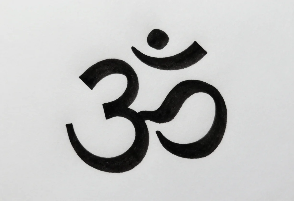 Devanagari calligraphy — the syllable "ॐ" written large in a single broad-nib stroke sequence, thick and thin strokes clear, the chandrabindu and its dot placed exactly above, written with a broad-edge pen held at a steady angle, crisp thick and thin strokes, sharp square terminals
