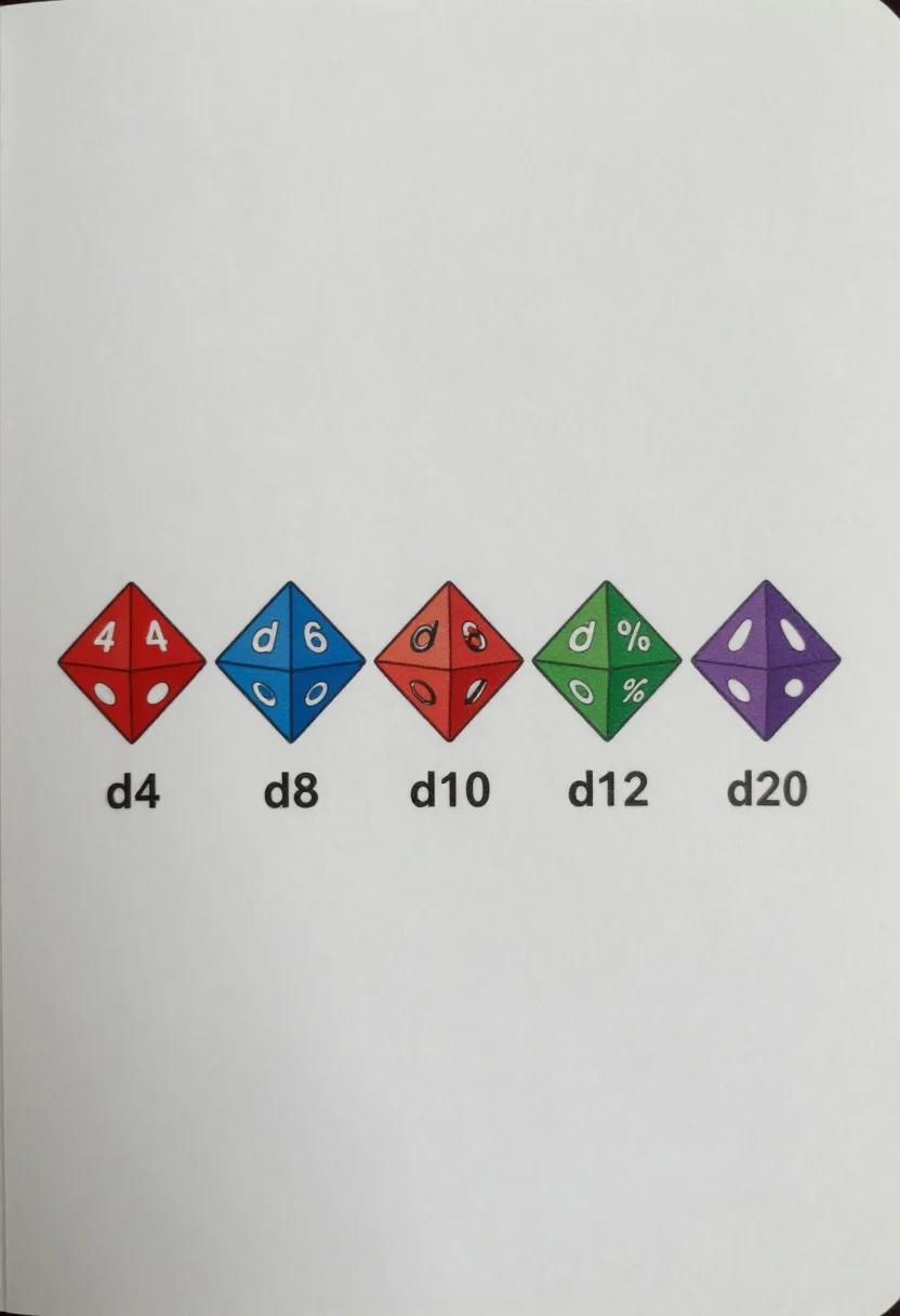 Dice reference charts — a chart showing the seven polyhedral dice drawn in a row, each labelled "d4", "d6", "d8", "d10", "d%", "d12" and "d20" with its face count beneath, crisp flat vector dice with clean outlines and bold labels