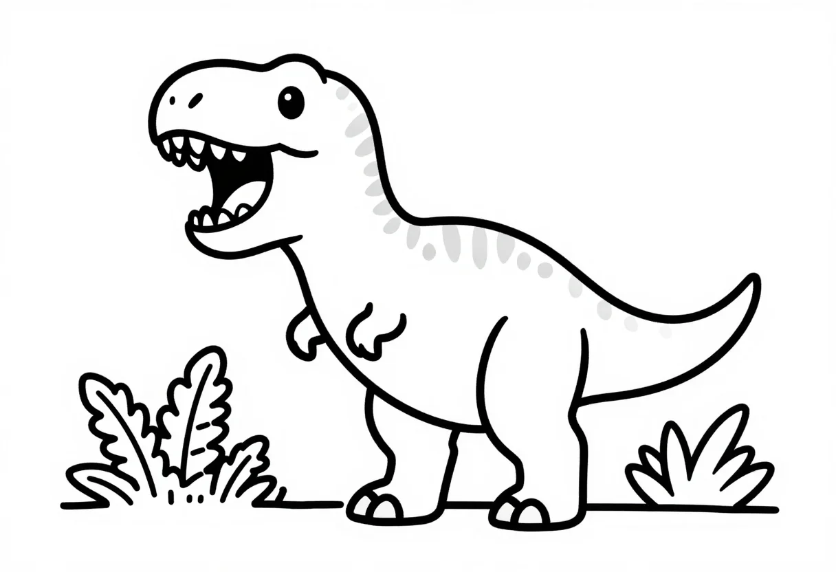 Dinosaur coloring pages — a T-rex roaring with its jaws open and short arms raised, standing among low ferns, a friendly cartoon build with rounded shapes, bold uniform black outlines and large open areas for a small child