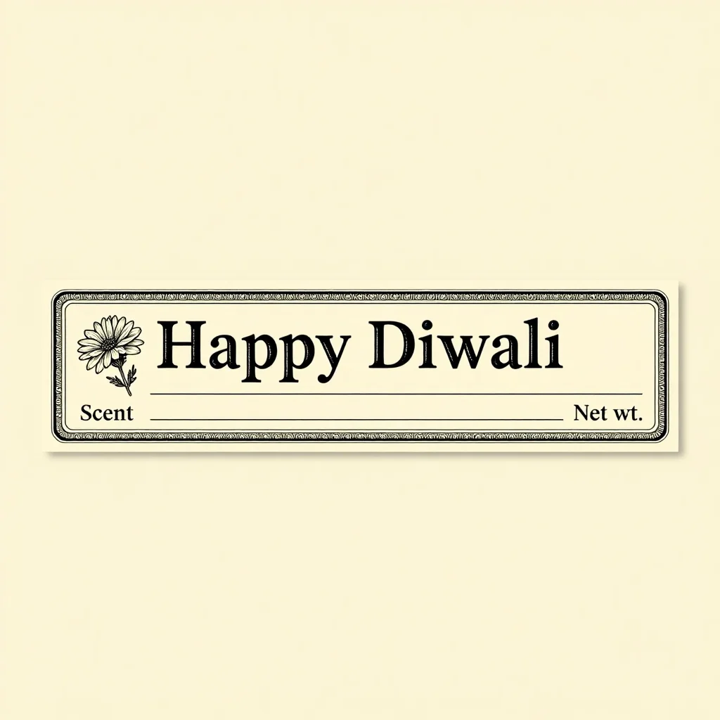 Diwali candle labels — a long horizontal jar-wrap label lettered "Happy Diwali" with a marigold sprig, and blank lines marked "Scent" and "Net wt.", apothecary label look, fine engraved border, serif capitals, a small botanical sprig, thin rules