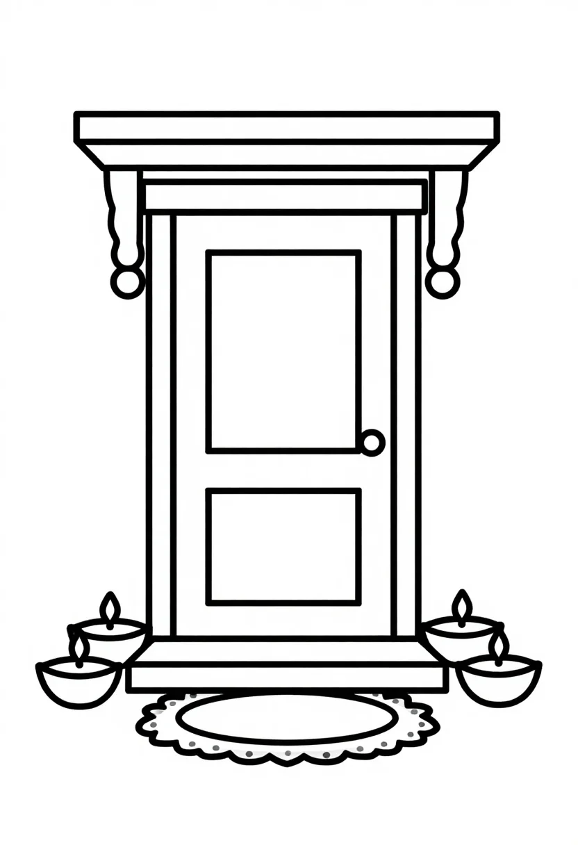 Diwali coloring pages — a house doorway with a toran above, a rangoli on the step and a row of diyas on each side, drawn for preschoolers with extra-thick uniform outlines and only a few big shapes