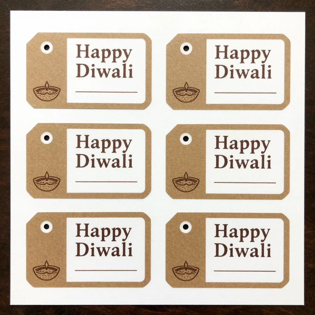 Diwali gift tags — a sheet of six rectangular tags reading "Happy Diwali", each with a small diya, a punch hole at the top and a blank line for the name, tags in white and dark ink as if printed on kraft paper, hand-stamped look, simple line motifs