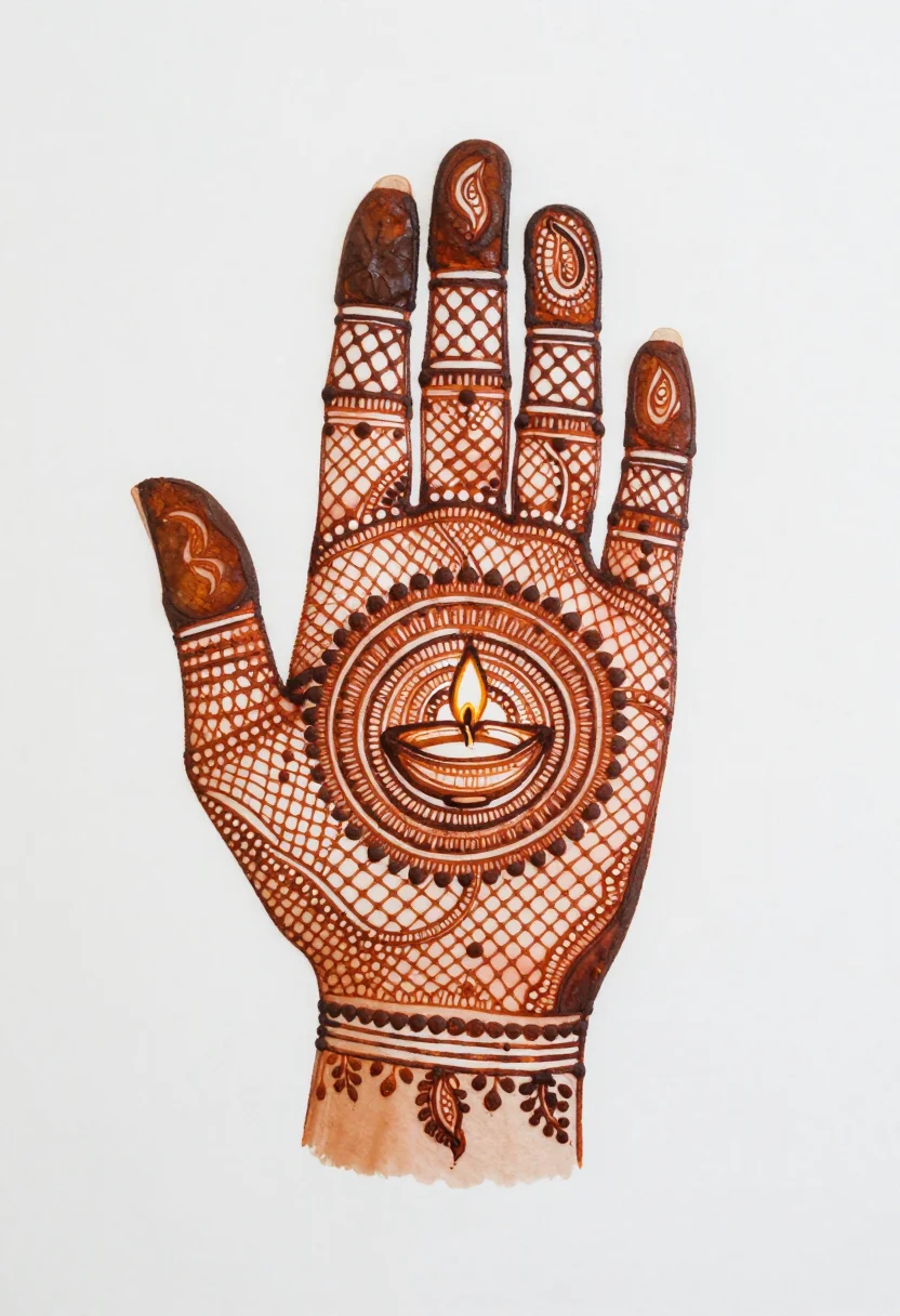 Diwali mehndi — a palm design with a lit diya at the centre of a mandala, fine mesh filling the fingers and a band of paisleys at the wrist, traditional Indian work in a fine cone line, dense netting, checkerboard and dot fills between the motifs
