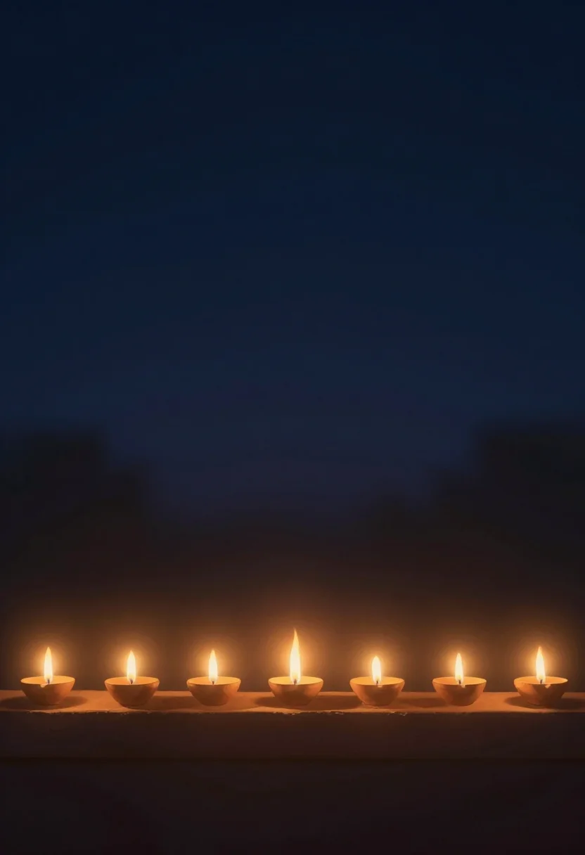 Diwali phone wallpapers — a row of lit diyas along a stone ledge at the bottom of the frame, warm glow rising into a dark blue night, atmospheric digital painting, soft glowing flames, deep haze, smooth gradients from the lit lower part to the dark sky