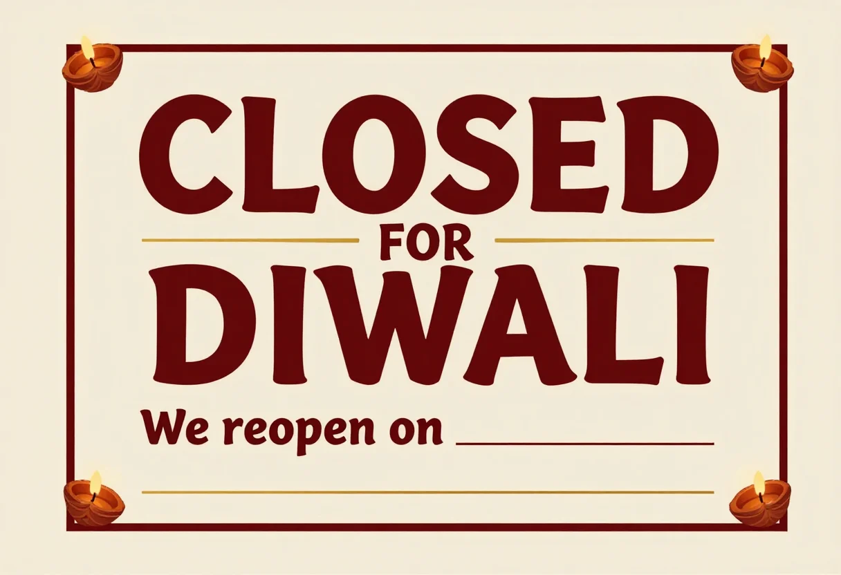 Diwali shop signs — a landscape door notice reading "CLOSED FOR DIWALI" in large letters, a smaller line "We reopen on" followed by a blank ruled line, and a small lit diya in each corner, hand-lettered sign-painter look, bold brush capitals, a thin double rule border, flat opaque colors