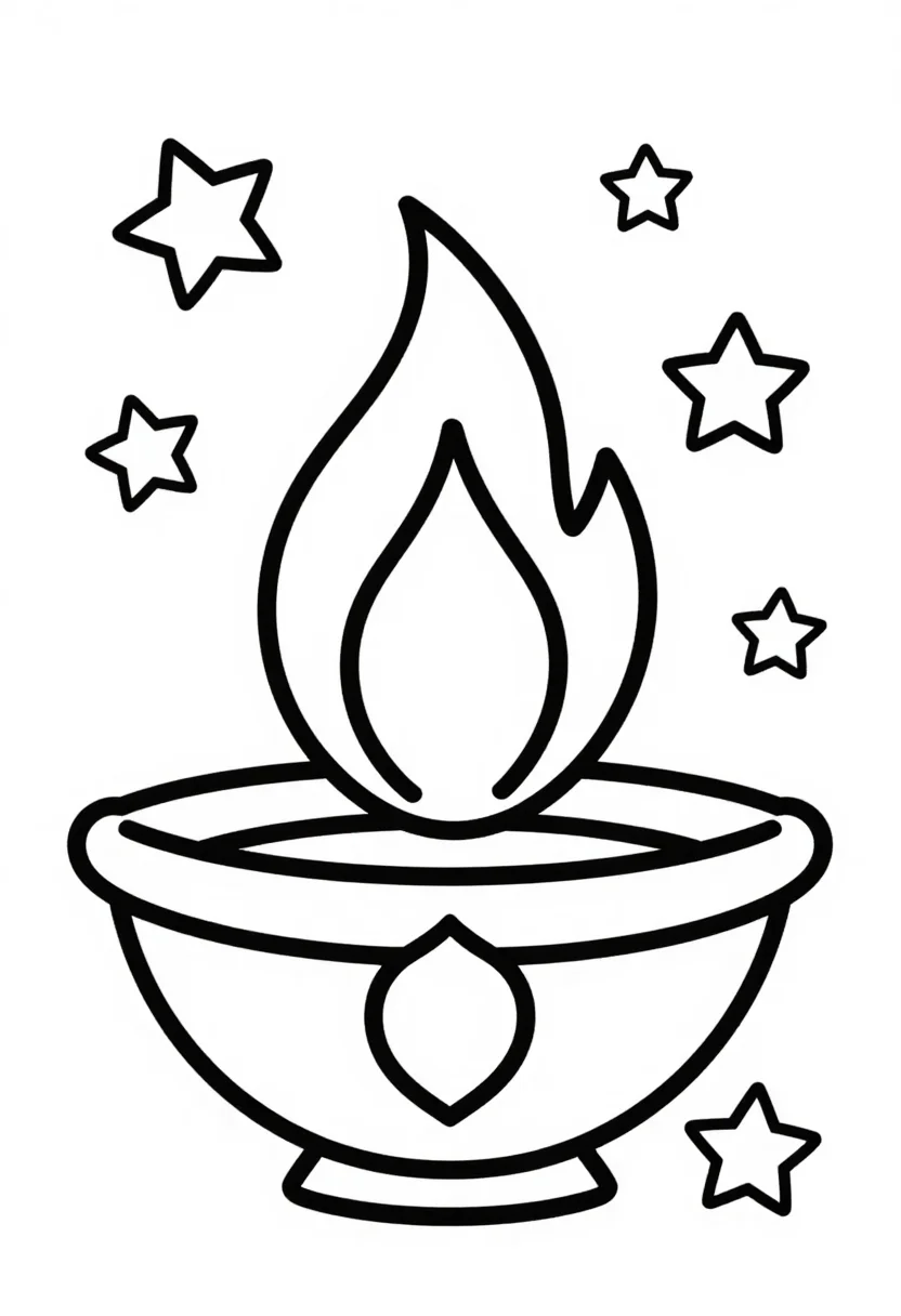 Diya coloring pages — one large diya with a tall flame, petal shapes on its body and a few stars around it, drawn for little children with extra-thick uniform outlines and a few big simple shapes