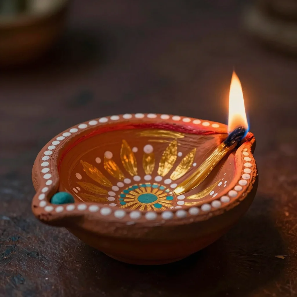 Diya painting designs — a terracotta diya painted with a dot mandala in white, gold and turquoise radiating from the wick end, the rim edged in red, the wick burning with a small steady flame in a dim room, the flame glow warming the painted rim and a faint cool ambience from camera-right, a dark balance with the painted sides catching the glow