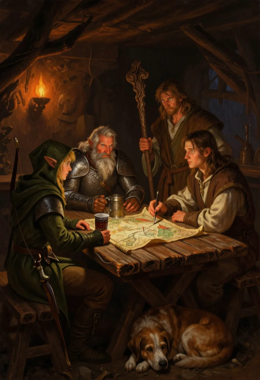 D&D art — four adventurers around a rough plank table in a tavern — a hooded elf with a bow slung, a dwarf in scale mail with a dented tankard, a robed human leaning on a staff, a halfling perched on the table's edge — a map unrolled between them and a dog asleep beneath, a painted fantasy illustration in rich oil-like colour with dramatic torchlight and the canvas tooth showing through the darks