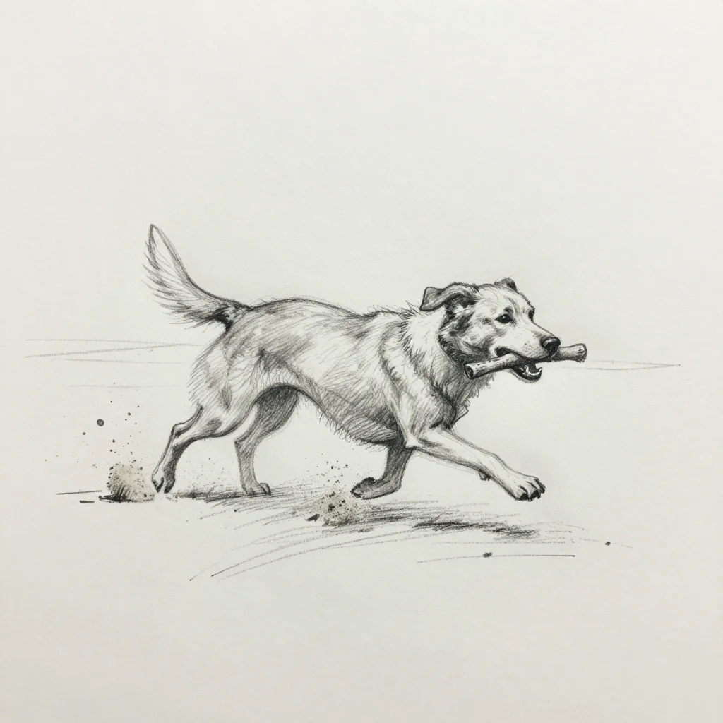 Dogs — the dog running flat out along a beach with a stick in its mouth, ears flying back and sand spraying from its paws, a loose pencil sketch, quick hatching with the construction lines left visible and the graphite grain showing