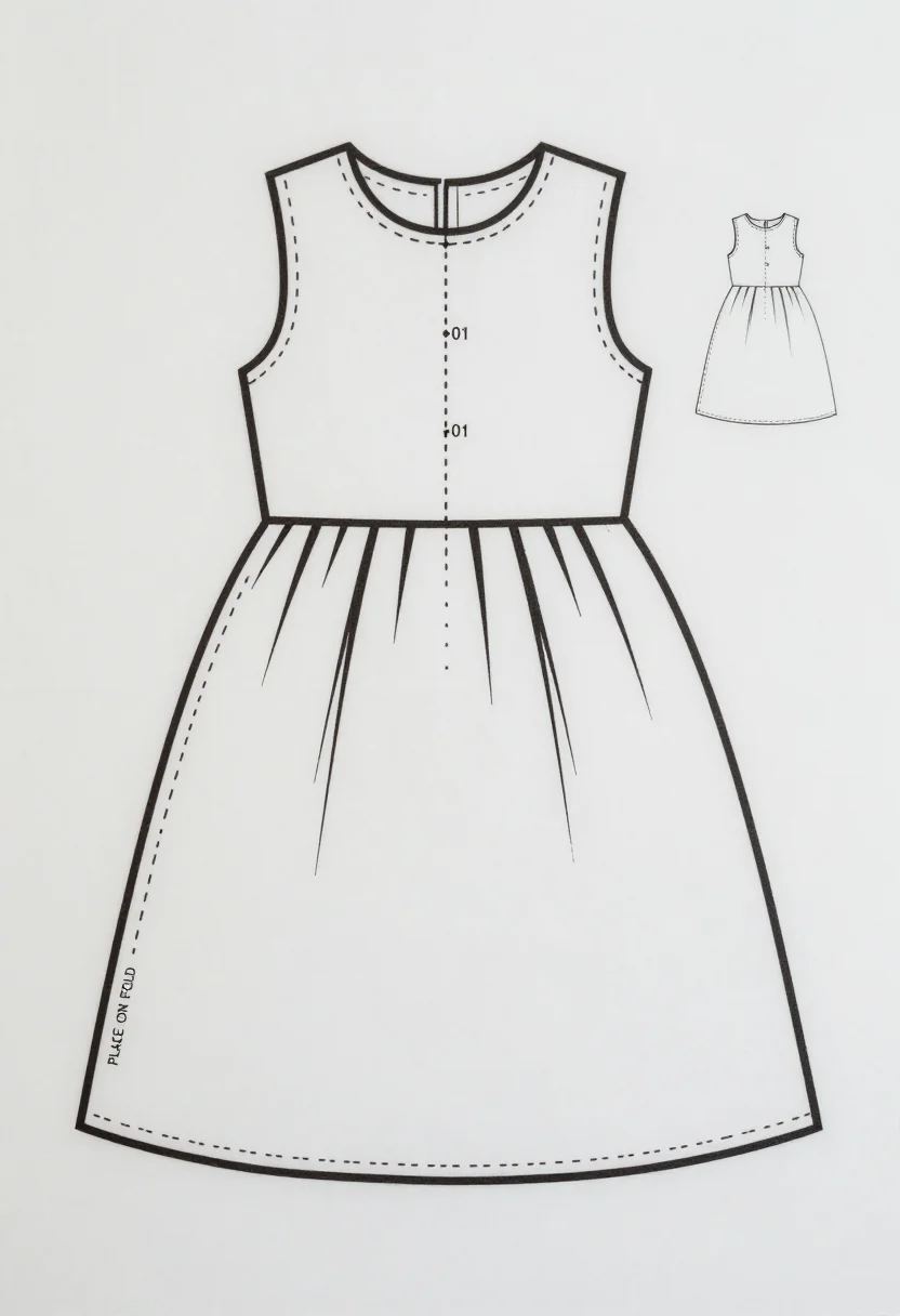 Doll clothes patterns — a doll dress pattern sheet with a bodice front, bodice back and a gathered skirt rectangle outlined at full size, "PLACE ON FOLD" along one edge, and a small sketch of the finished dress, a clean printable pattern in crisp black lines of one even weight, solid cutting lines and dashed seam lines, with small block-capital labels and measurements